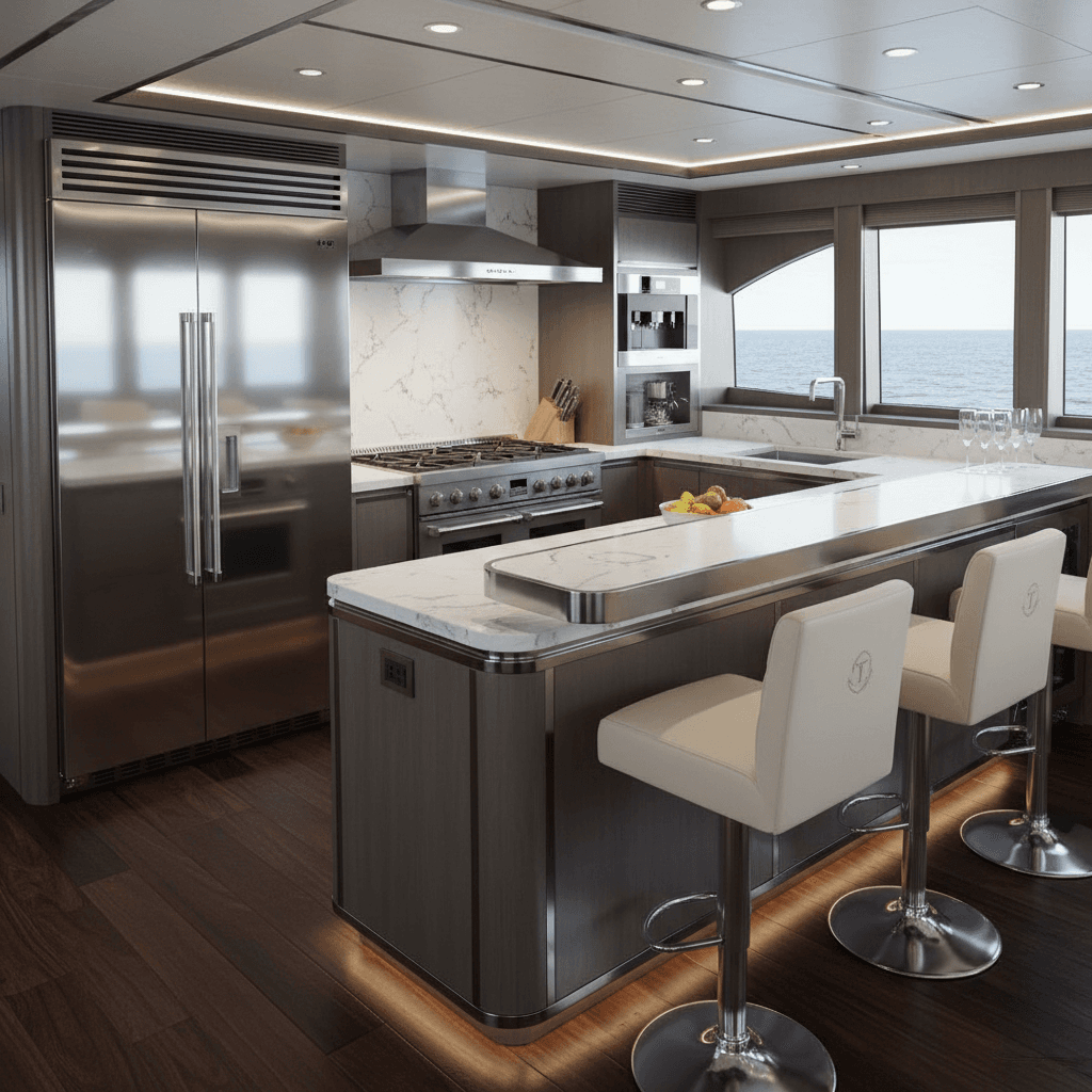 Modern yacht kitchen and beverage service area