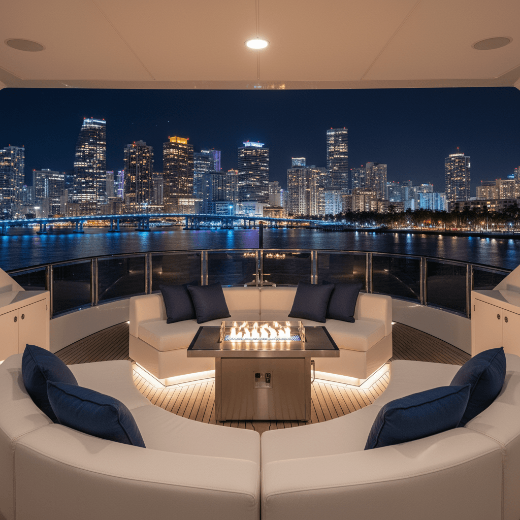 Open deck seating area with city lights in the background
