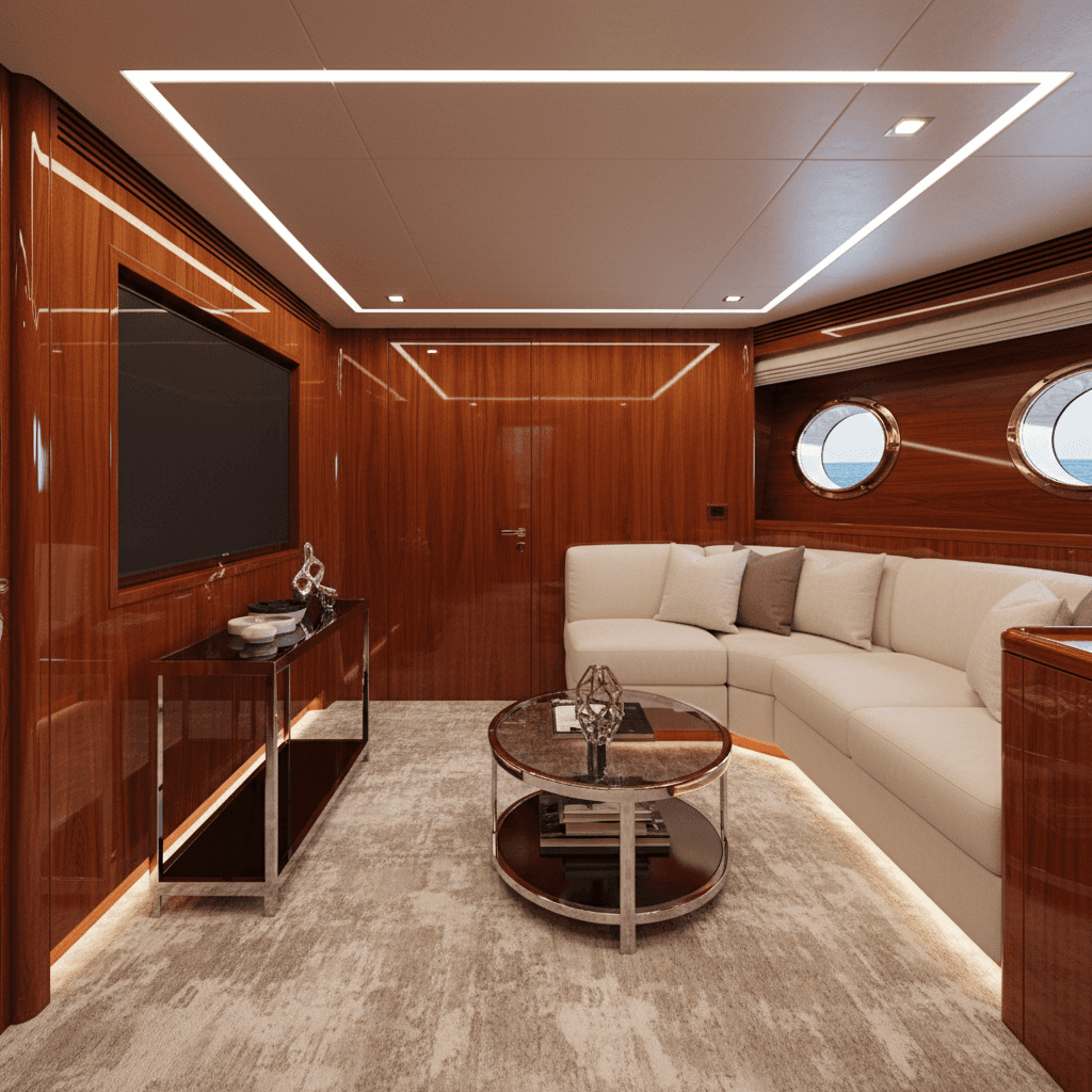 Yacht cabin with premium wood finishes and soft lighting
