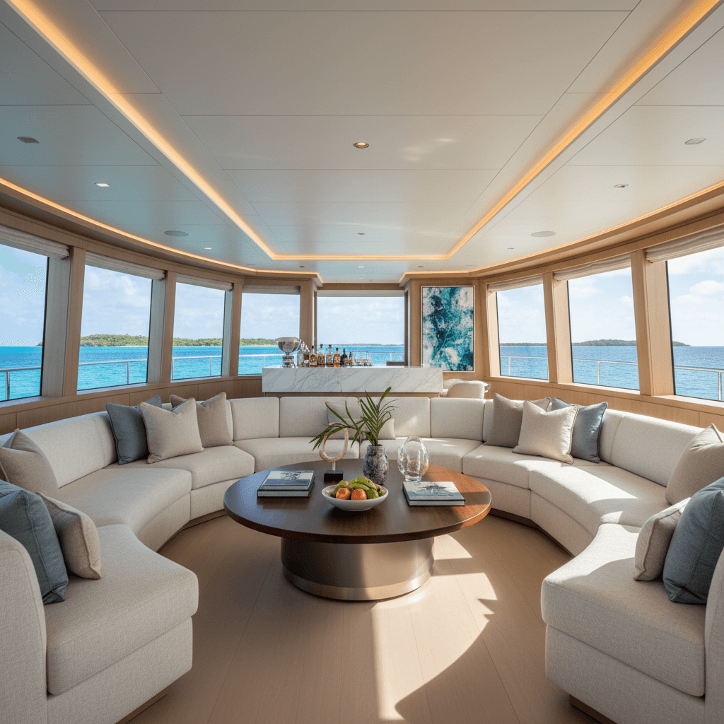 Spacious main cabin with seating and ocean views