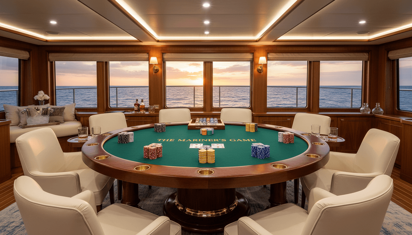 Poker table setup with playing cards and chips on yacht interior