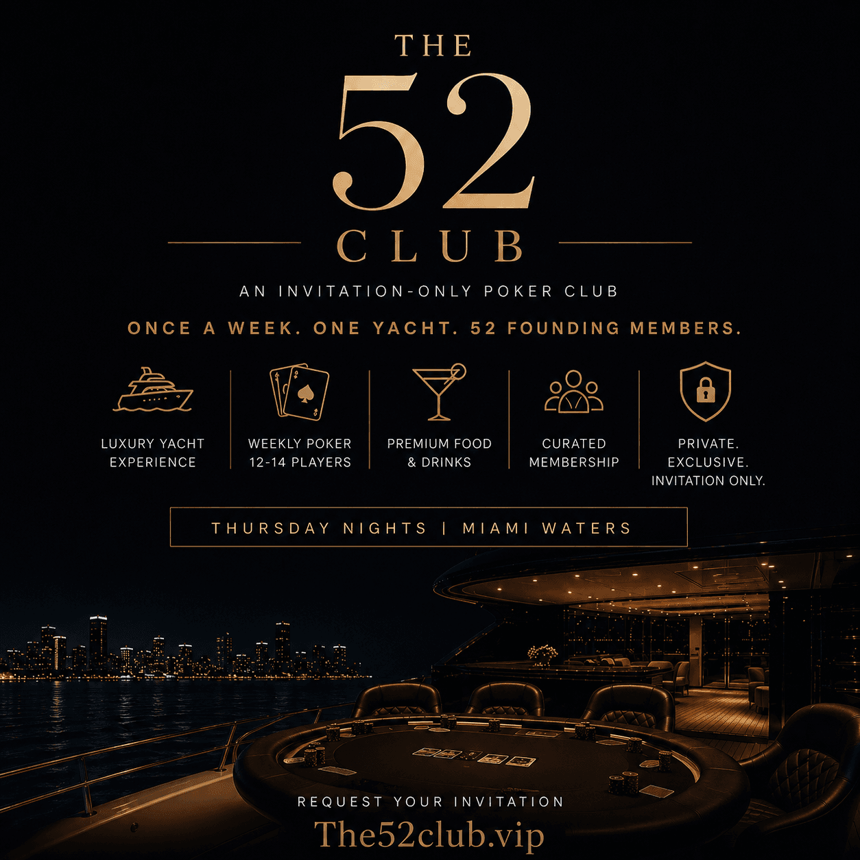 Invitation-only poker club advertisement on a luxury yacht deck overlooking the night Miami skyline.