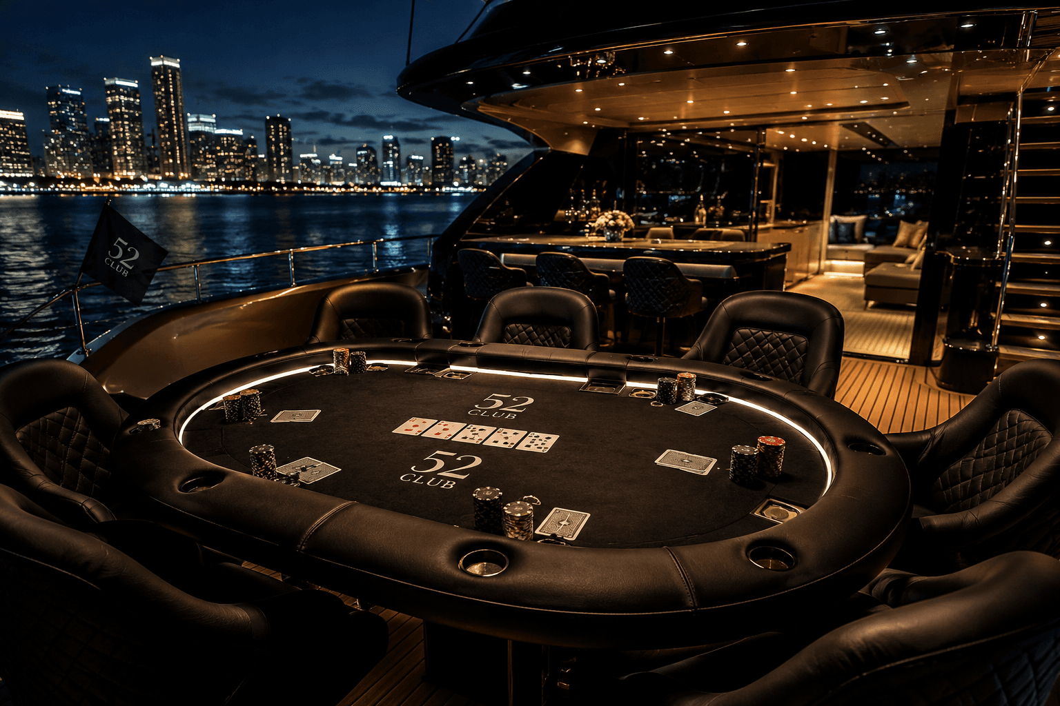 Poker table on a luxury yacht deck at night overlooking a glittering city skyline.